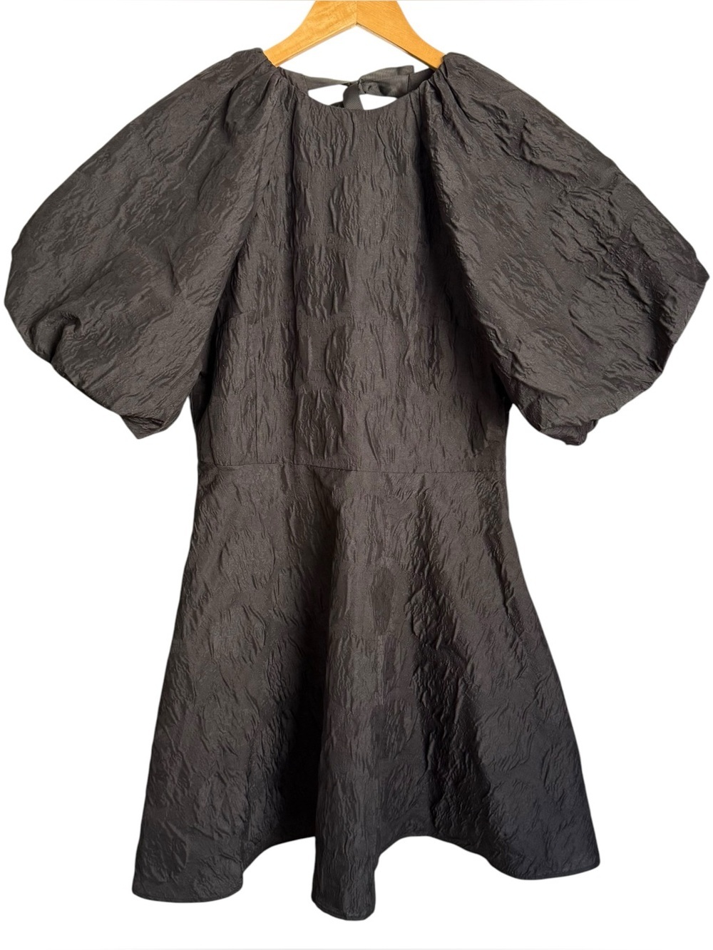H&M Textured Puff Sleeve Mini Dress Size Small Black Open Tie Back Fit N Flare